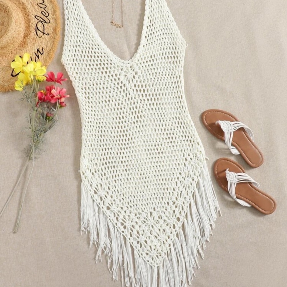 Cream Crochet Fringe swim coverup dress size Medium